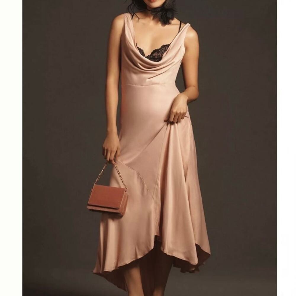 ANTHROPOLOGIE | Blush Pink Cowl-Neck Twofer Slip Gown Lace Viscose | Medium